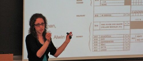 Margy Brill, Anthropology and Sociology student, presenting on "Cultural Sensitivity and Mixed Methods in Social Research" in the auditorium at the 2011 Hightower Syposium